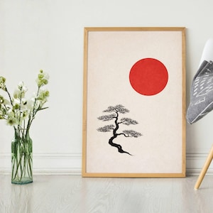 Póster imprimible japonés del sol y pino minimalista – arte japandi wabi-sabi, decoración zen, descarga digital instantánea