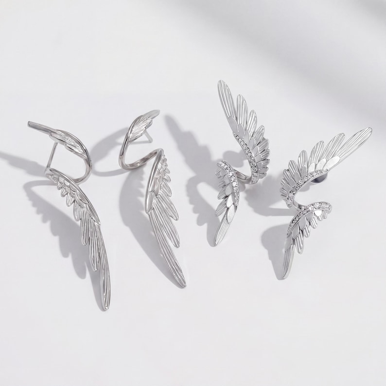 Ängelvingeörhängen, Silverfjäderhängande örhängen, Långa älvkärnhängande örhängen, Eleganta balsmycken, Mors dag-present till henne bild 1