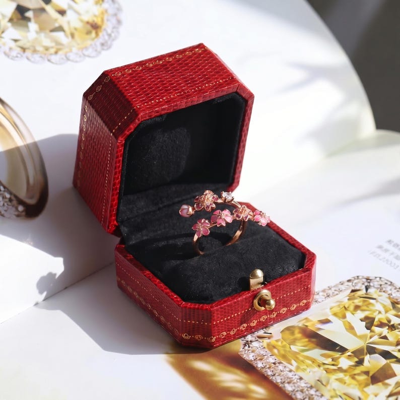 Kirschblüten-Wickelring, Roségold-Blumen-verstellbarer Ring, Rosa Emaille-Blumen-Ring, Pave CZ Botanischer Ring, Frühlings-Schmucksachen Geschenk für sie Bild 7