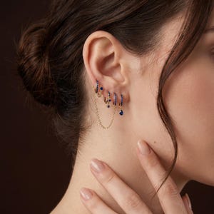 Blue CZ Earring Set,Teardrop Dangle Hoop Earrings,Chain Ear Cuff,Gold Huggie Earrings,Dainty Ear Stack Gift