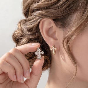 Vintage Gothic Fleur De Lis Cross Huggie Hoops, Dainty CZ Cross Cartilage Clicker Earring, Sleeper Ear Cuffs Piercing, Gift for Her