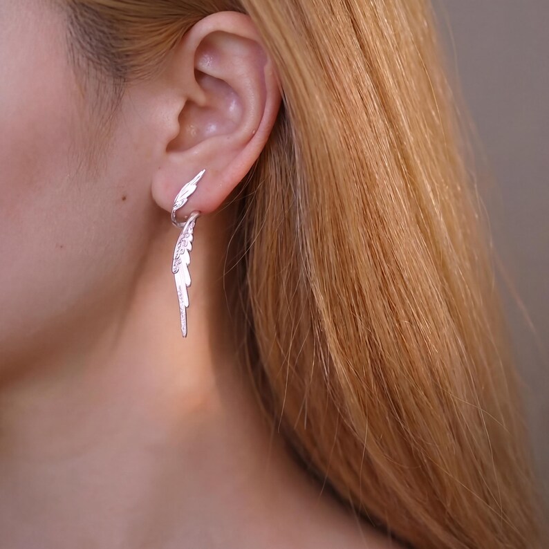 Ängelvingeörhängen, Silverfjäderhängande örhängen, Långa älvkärnhängande örhängen, Eleganta balsmycken, Mors dag-present till henne bild 12