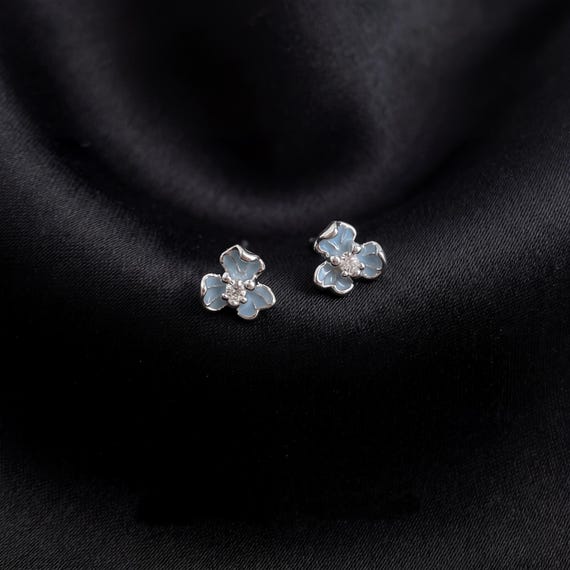 Blue Iris Stud Earrings,S999 Pure Silver Post, Enamel Flower Studs,Dainty French Floral Jewelry, Hypoallergenic Earrings for Sensitive Ears