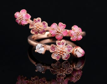 Wikkelring kersenbloesem, verstelbare ring roségouden bloemen, roze emaille bloemenring, botanische ring effenen CZ, lente sieraden cadeau voor haar