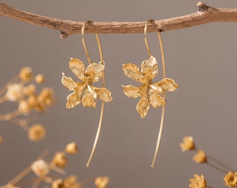 Irisörhängen i guld, vintage blommig lång krokhänge, eleganta botaniska smycken, mors dag-present till mamma, vårbrudklänning