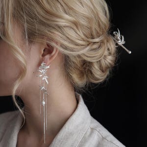 Tassel Dangle Earrings, Pearl Long Drop, Neo Chinese Bamboo Studs, Liquid Silver Ear Climber, Hanfu Buyao Jewelry Statement Gift for Her
