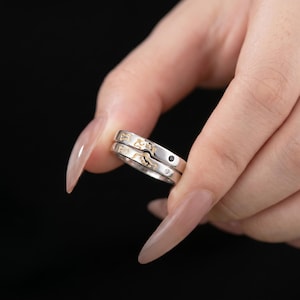 May include: A pair of silver-toned rings featuring a cutout design of a dog bone and paw print with gold-toned accents. One ring is set with a small black stone, while the other ring is set with a small clear stone, both arranged in a band style.