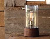 Signature Lantern Pedestal Lamp, Walnut- Solid Walnut, Table Lamp, Edison Bulb Lamp, Modern Lighting, Glass Shade