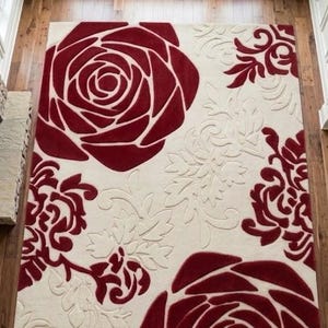 Handmade Tufted Wool Rose Rug – Luxury Red Floral Area Rug | High Pile Ivory & Burgundy Flower Carpet