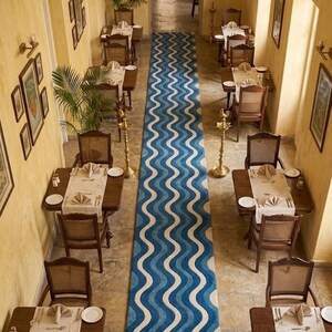 Handmade Blue Wave Runner Rug, Modern Tufted Hallway Rug, Long Corridor Carpet, Entryway Runner, Custom Size Wool Rug