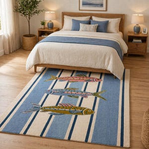 Könnte beinhalten: Ein blau-weiß gestreifter Teppich mit drei bunten Fischmotiven. Die Fische sind rosa, blau und gelb mit detaillierten Flossen und Schuppen. Der Teppich liegt in einem Schlafzimmer mit Bett und Nachttischen.