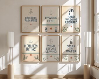 Employees Wash Hands Signs Set of 6, Hygiene First Wall Art, Scandinavian Nordic Office Bathroom Prints, Hand Washing Required Decor