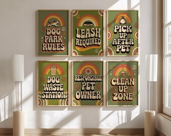 Dog Park Rules Sign Set of 6 Groovy 70s Typography Prints Leash Required Pick Up After Pet Wall Art Dog Waste Station Clean Up Zone Decor