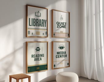 図書館の壁掛けアート4点セット、静かな読書エリア、メディアセンターのサイン、スカンジナビア風北欧タイポグラフィプリント、本好きへの装飾ギフト