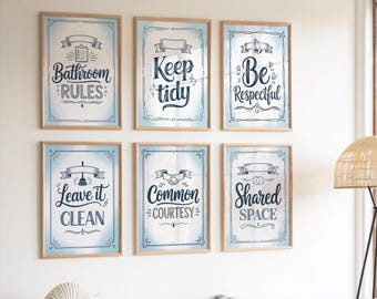 Bathroom Rules Typography Set of 6, Keep Tidy Be Respectful Wall Art, Hand Lettered Prints, Leave It Clean Common Courtesy Decor