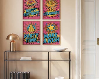 Happy Birthday Wall Art Set of 4, Celebrate Party Time Make a Wish Signs, Pop Art Bold Typography Print, Birthday Party Decoration Gift