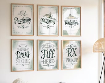 Pharmacy Signs Set of 6, Hand Lettered Medical Wall Art, Prescriptions Medication Drug Store Fill Here Rx Pickup Typography Prints