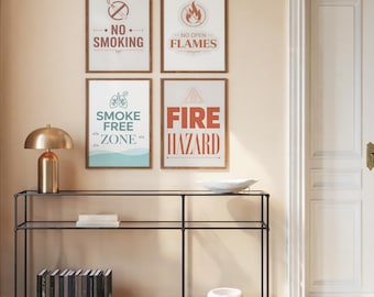 No Smoking No Open Flames Sign Set of 4, Soft Pastel Typography Prints, Smoke Free Zone Fire Hazard Warning Wall Art Office Decor