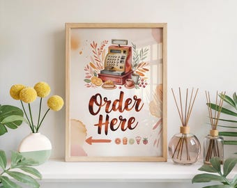 Order Here Watercolor Restaurant Cafe Sign Print, Artistic Typography Wall Art Decor, Coffee Shop Counter Bistro Dining Poster Gift