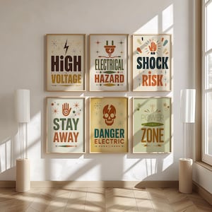 May include: A collection of six framed posters with electrical safety messages in a vintage style. The posters display text such as "Shock Risk" and "Power Zone" with retro graphics. The colour scheme includes beige, brown, and orange hues.