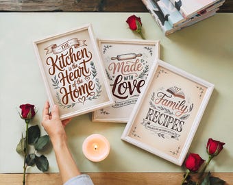 Kitchen Is The Heart Of Home Wall Art Set of 3, Made With Love Family Recipes Prints, Hand Lettered Typography Signs for Mom Gift Decor