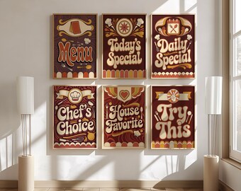 Menu Signs Set of 6, Groovy 70s Retro Restaurant Wall Art, Today's Special Chef's Choice Daily Special House Favorite Typography
