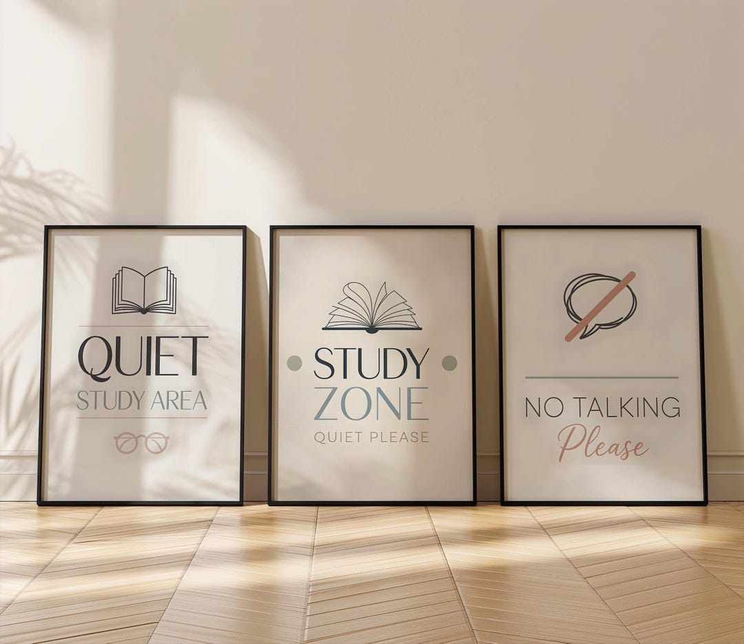 Quite Study Sign Study Zone Wall Art Set of 3, Quiet Study Area No Talking Please Signs ...