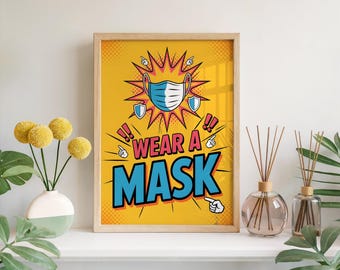 Wear A Mask Pop Art Bold Health Safety Sign Print, Colorful Typography Wall Art Decor, Office Clinic Public Space Hygiene Poster Gift