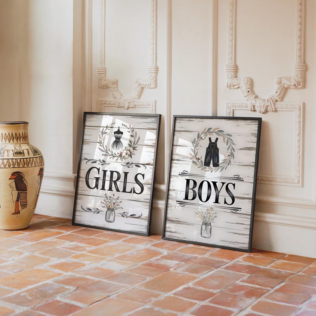 Boys Girls Bathroom Sign Set of 2 Wall Art Prints, Farmhouse Rustic ...