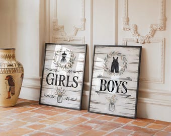 Boys Girls Bathroom Sign Set Of 2 Wall Art Prints, Farmhouse Rustic Typography, Kids Restroom Toilet Door Decor Country Style Home