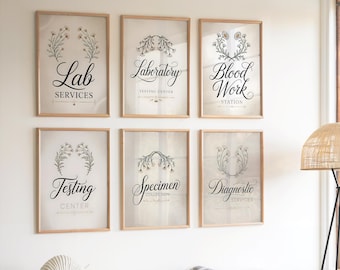 Laboratory Signs Set of 6, Elegant Script Medical Wall Art, Lab Blood Work Testing Specimen Collection Diagnostic Typography Prints
