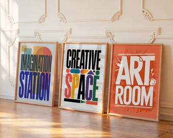 Juego de 3 carteles para sala de arte, impresión de estación de imaginación creativa, decoración artística con tipografía llamativa, arte de pared para estudio de arte, póster para sala de manualidades