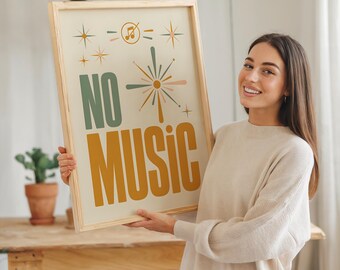 No Music Mid Century Modern Library Sign Print, Retro Typography Wall Art Decor, Office Study Room Quiet Silent Zone Poster Gift Idea