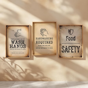 Employees Must Wash Hands Handwashing Required Food Safety Set of 3 Prints, Typewriter Vintage Signs for Restaurant Kitchen