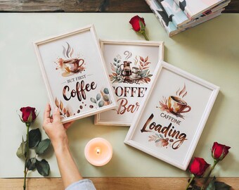 But First Coffee Wall Art Set of 3, Coffee Bar Caffeine Loading Typography Prints, Watercolor Style Signs for Coffee Station Bar Decor