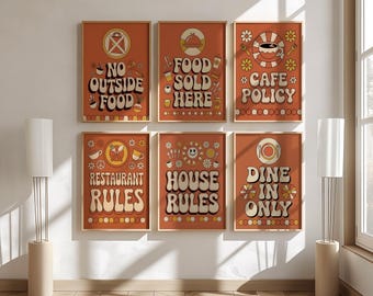 No Outside Food Signs Set of 6, Groovy 70s Retro Cafe Wall Art, Restaurant Rules House Rules Dine In Only Typography Prints Decor