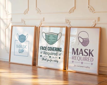 Mask Required Face Covering Required Mask Up Set of 3 Wall Art Prints, Soft Pastel Style Signs for Office Clinic Business Entry