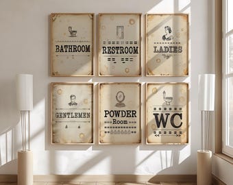 Bathroom Sign Set of 6 Typewriter Vintage Typography Prints Restroom Wall Art Ladies Gentlemen Powder Room WC Decor Home Toilet Poster