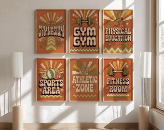 Gymnasium Wall Art Set of 6, Groovy 70s Physical Education Signs, Gym Fitness Room Typography Prints, Sports Area Athletic Zone Decor