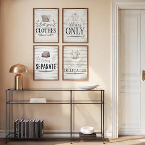 May include: Four rectangular wall art prints with a white wood-plank background. The prints feature laundry-themed illustrations and text: Sort your CLOTHES, whites ONLY, Colors SEPARATE, and DELICATES, all framed in thin brown wooden frames.