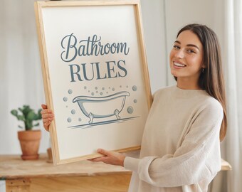 Bathroom Rules Sign Print, Soft Pastel Wall Art, Funny Restroom Decor Poster, Home Toilet Room Signage, Cute Washroom Gift Idea Art