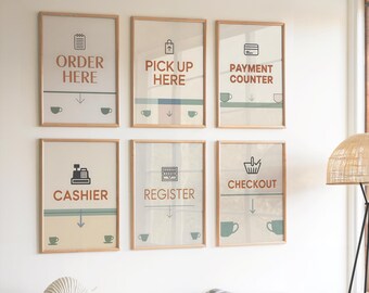 Order Here Signs Set of 6, Scandinavian Nordic Minimal Cafe Wall Art, Pick Up Here Payment Counter Cashier Checkout Typography Prints