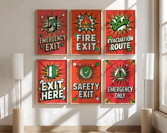 Emergency Exit Wall Art Set of 6, Pop Art Bold Fire Exit Signs, Evacuation Route Safety Typography Prints, Exit Here Emergency Only Decor