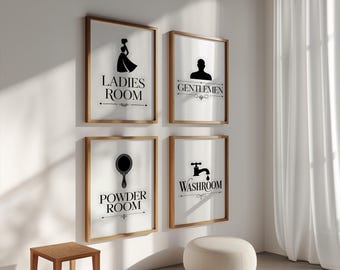 Ladies Room Wall Art Set of 4, Black and White Classic Gentlemen Powder Room Typography Prints, Washroom Sign, Elegant Bathroom Decor