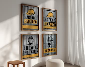 Hard Hat Required Safety Helmet Sign Set of 4, Farmhouse Rustic Typography Prints, Head Protection PPE Wall Art Workshop Garage Decor