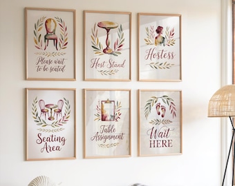 Please Wait to Be Seated Signs Set of 6, Watercolor Restaurant Wall Art, Host Stand Hostess Seating Area Typography Prints Decor