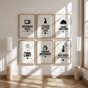 May include: Six framed prints with black text and icons on a white background. The prints display microwave-related rules: "Microwave Rules," "Clean After Use," "Cover Your Food," "Time Limit," "Shared Microwave," and "Heat Safely."