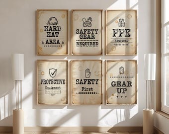 Hard Hat Area Wall Art Set of 6, Typewriter Vintage Safety Gear Signs, PPE Required Protective Equipment Prints, Safety First Typography