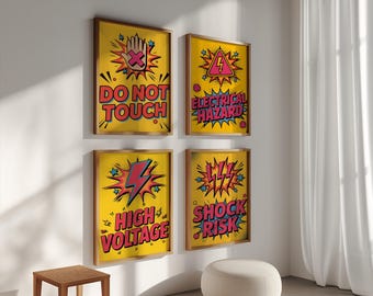 High Voltage Electrical Hazard Sign Set of 4, Pop Art Bold Typography Prints, Do Not Touch Shock Risk Safety Wall Art Office Decor