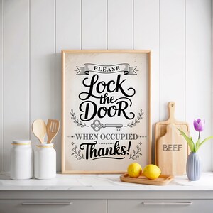Please Lock The Door When Occupied Thanks Hand Lettered Bathroom Sign Print, Privacy Reminder Decor, Restroom Typography Poster Art
